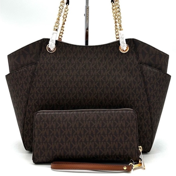 Michael Kors Large Jet Set Travel Chain Shoulder Bag & Continental Wallet Brown - Picture 8 of 15